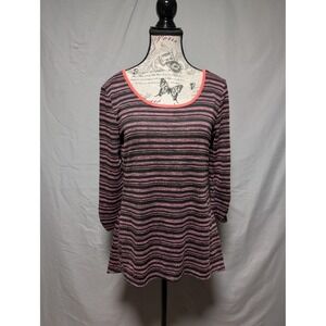 Bobbie Brooks Women's Pink Black Striped Tunic Top Button Tab Sleeves Size Small